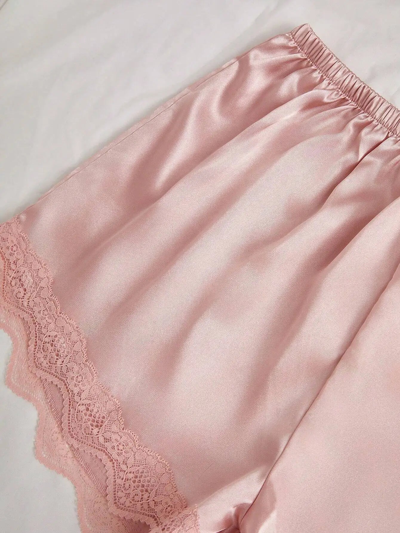 4-Piece Pink Faux Silk Pajama Set with Lace Trim - Cami, Shorts, Pants & Robe for Women