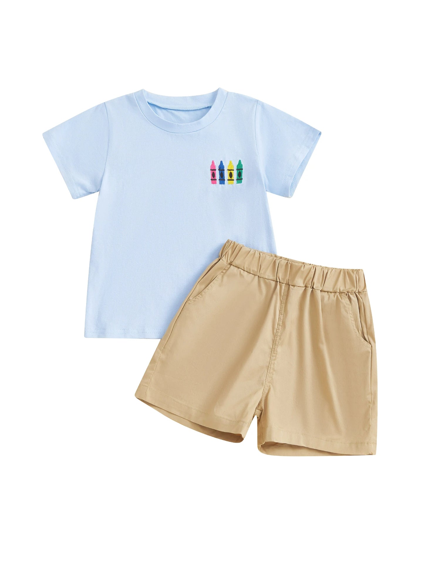 Boys Summer Outfits Colorful Crayon Print Short Sleeve T-Shirts with Matching Elastic Waist Shorts 2-Piece Clothing