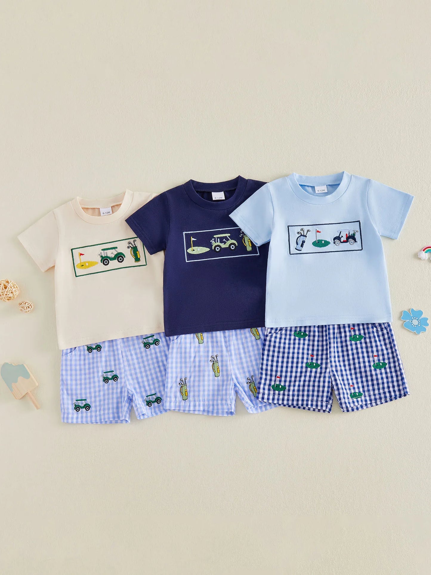 Boys Outfits with Cute Animal Embroidery Short Sleeve T-Shirts and Elastic Waist Plaid Shorts