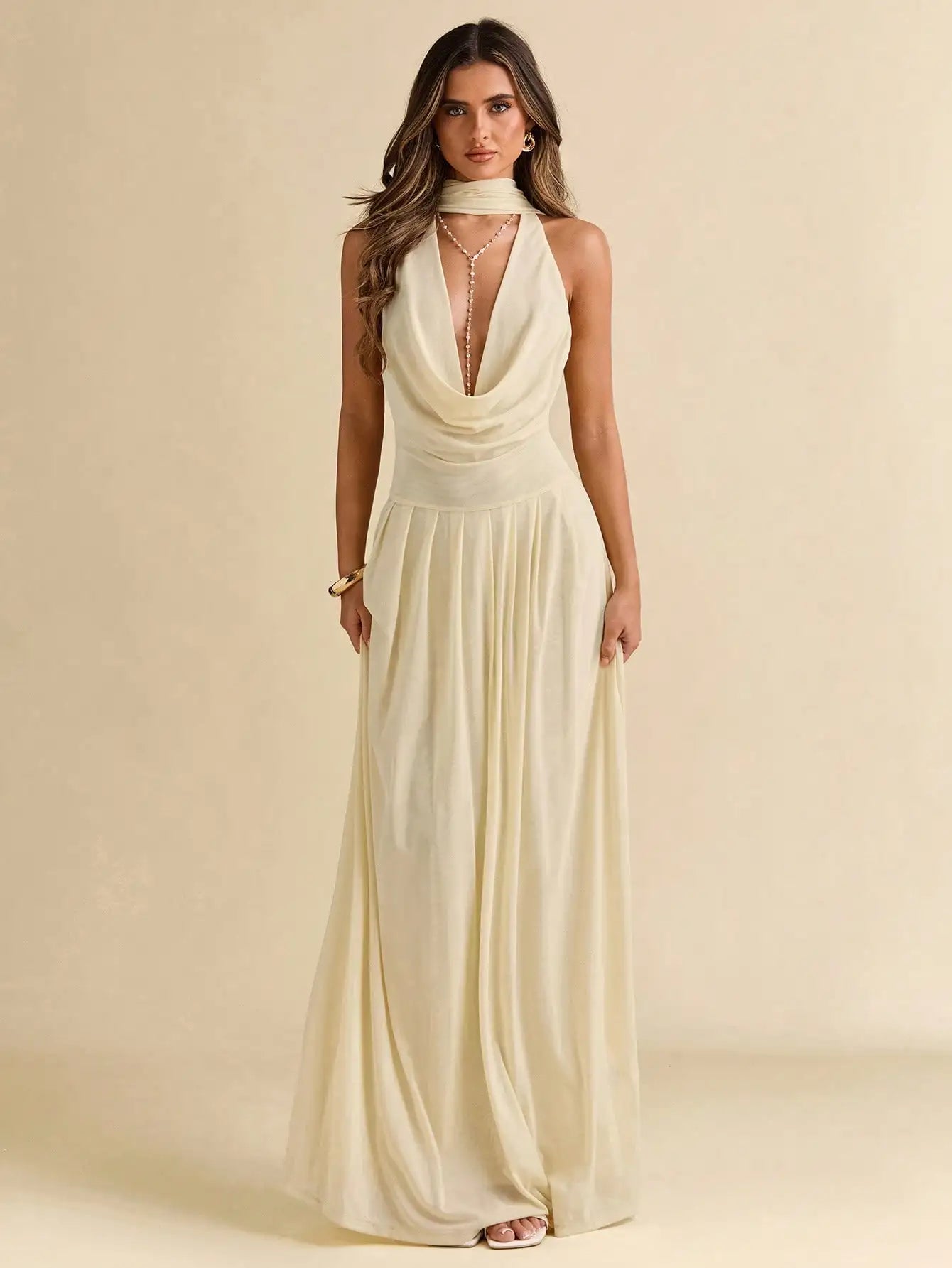 Solid Color Draped Halter Backless Maxi Dress