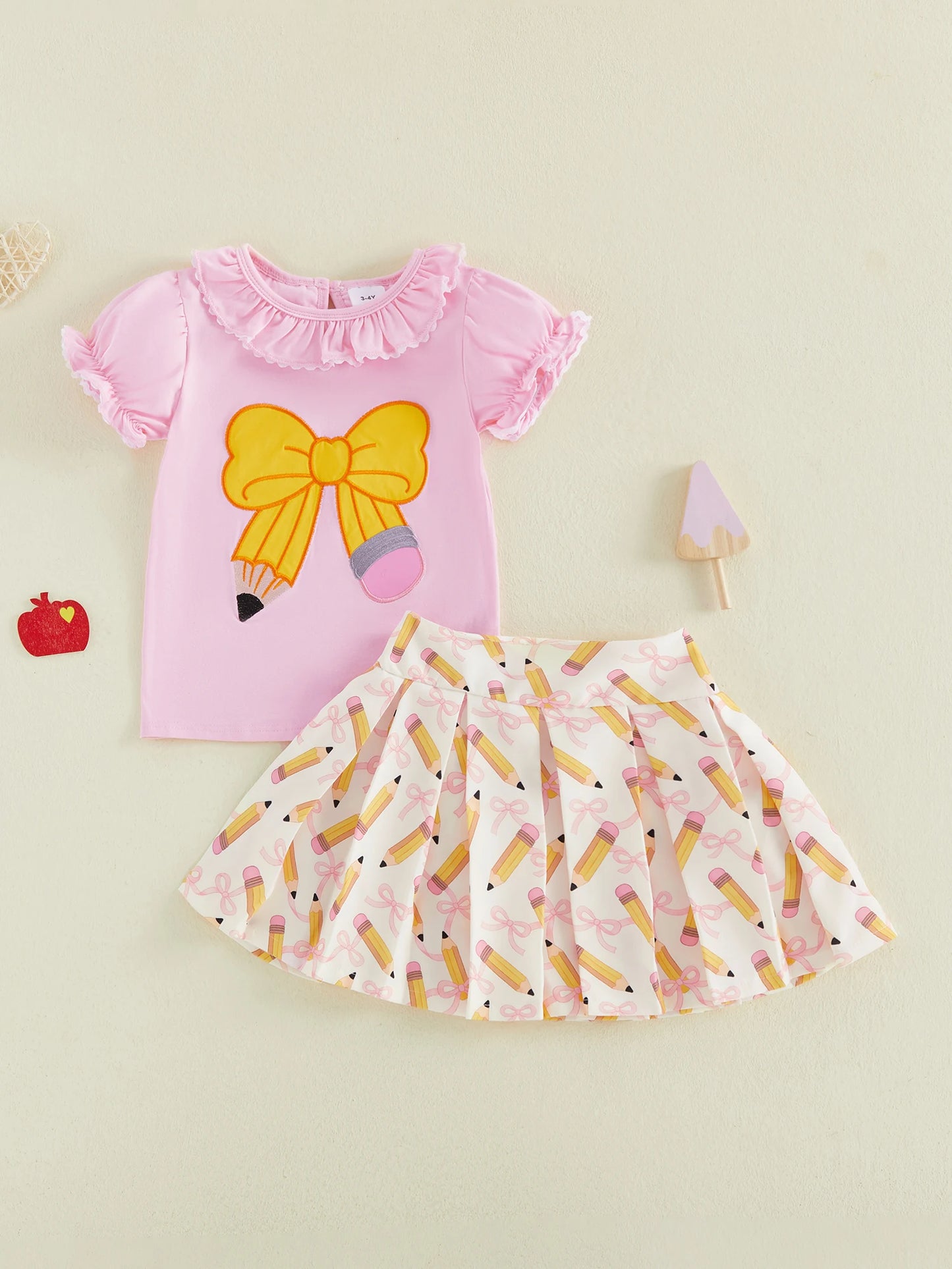 Girls Floral Print Ruffle Sleeve Blouse Denim Skirt 2 Piece Set with Bow Detail