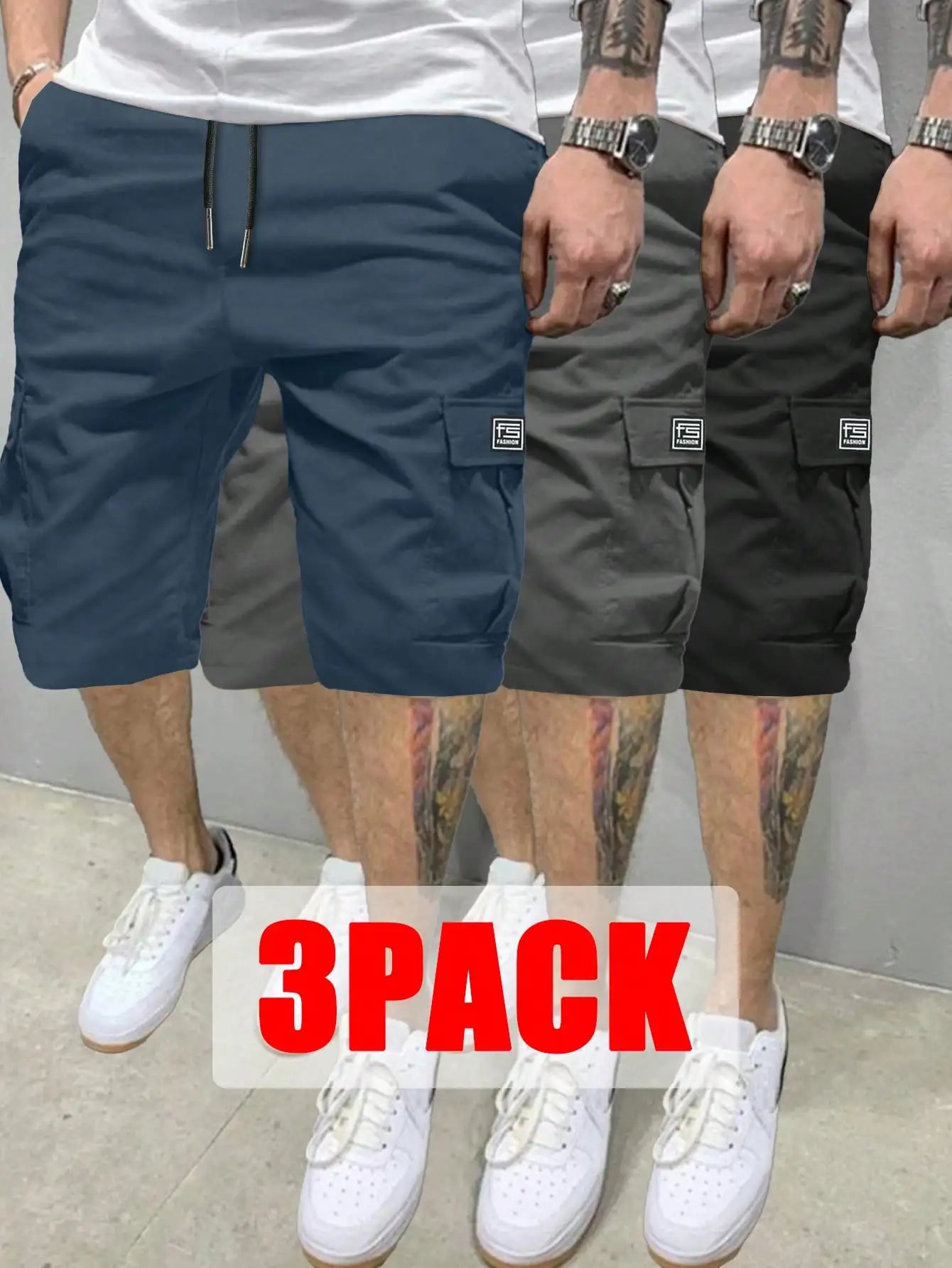 3-Pack Men's Cargo Shorts Multi-Pocket Drawstring