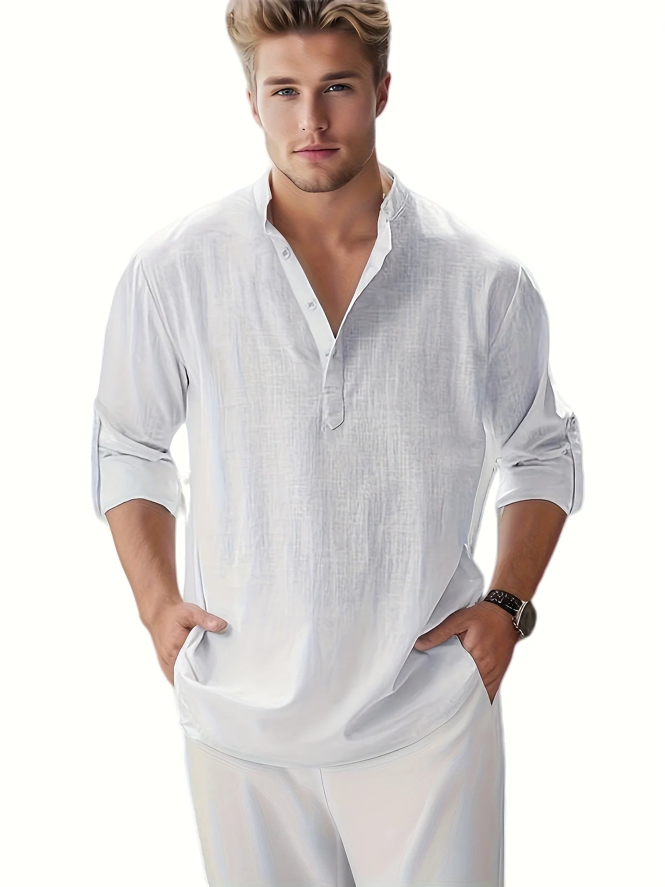 Men's Cotton Linen Shirt with Stand Collar, Long Sleeve, Loose Fit
