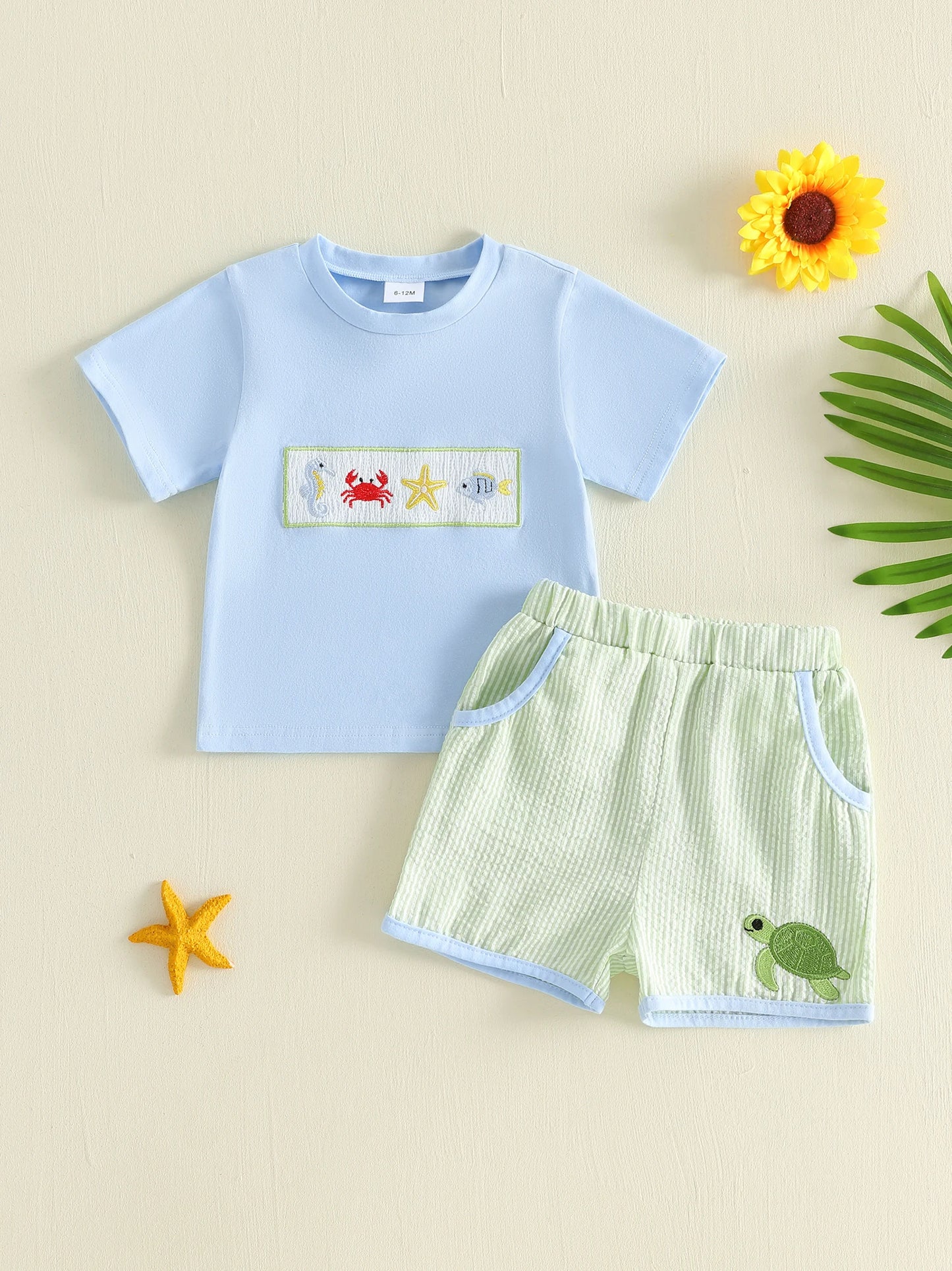 Boys Beach Theme Tee and Shorts Set with Sea Animal Embroidery