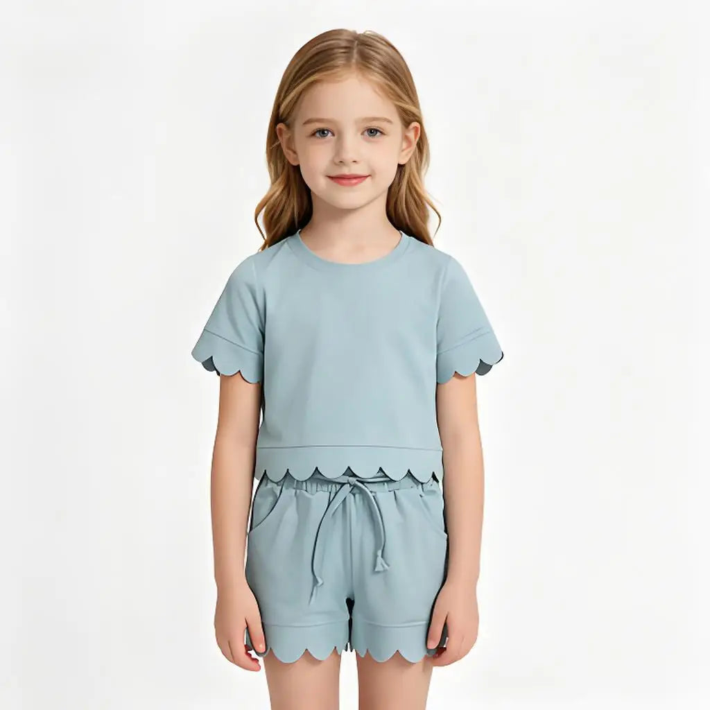 Cotton Clothes Sets with Short Sleeve Top Pockets And Scallop Shorts