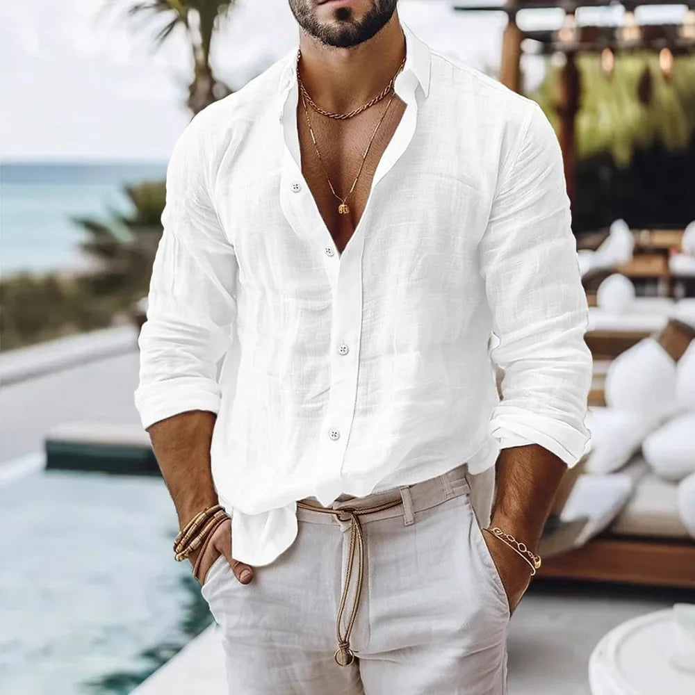 Cotton Linen Shirt, Beach Style Solid Color Single Breasted Breathable, Lightweight Button Tops