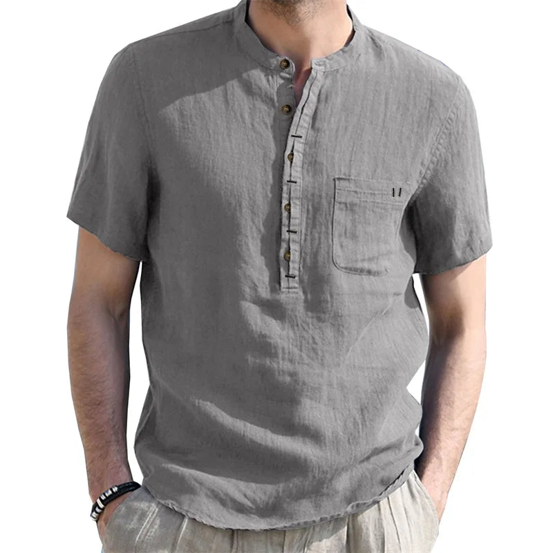 Casual Short Sleeve Linen Shirt Lightweight Breathable with Round Neck