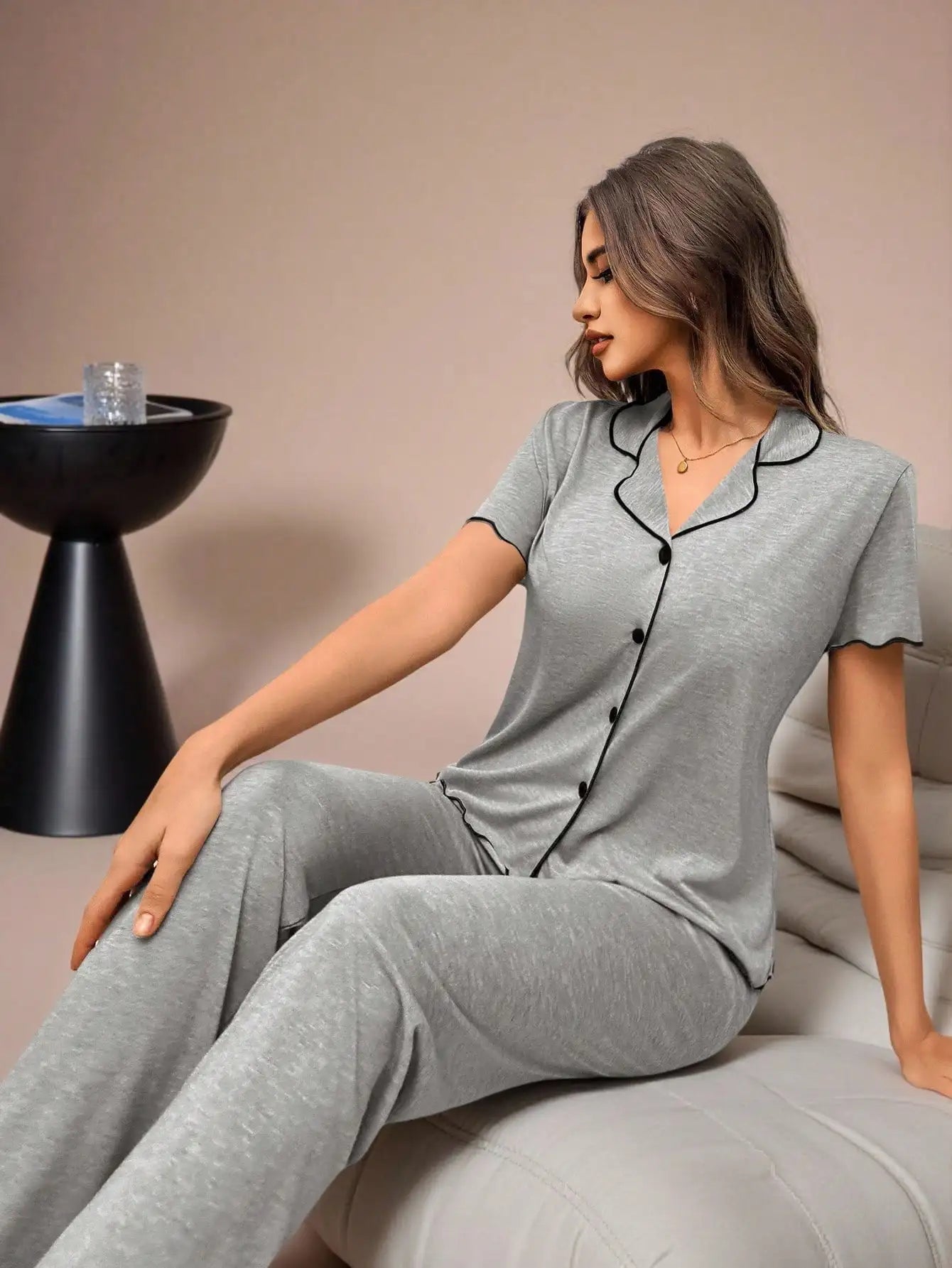 Women's Soft Lightweight Pajama Set with Ruffle Trim, Short Sleeve Top & Pants, Khaki Color