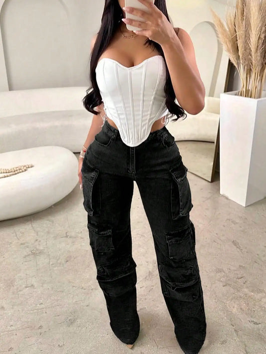 Women's Cargo Jeans High Waist, Loose Wide Leg Jeans with Flap Pockets