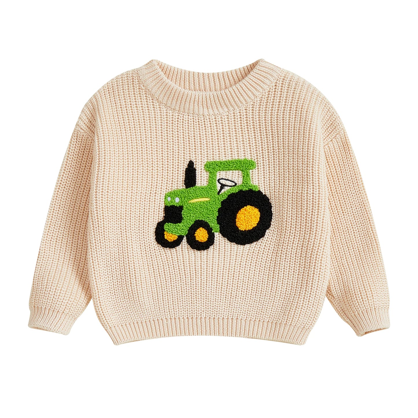 Boy s Cozy Knit Sweater with Adorable Tractor Embroidery Long Sleeve Crew Neck Pullover