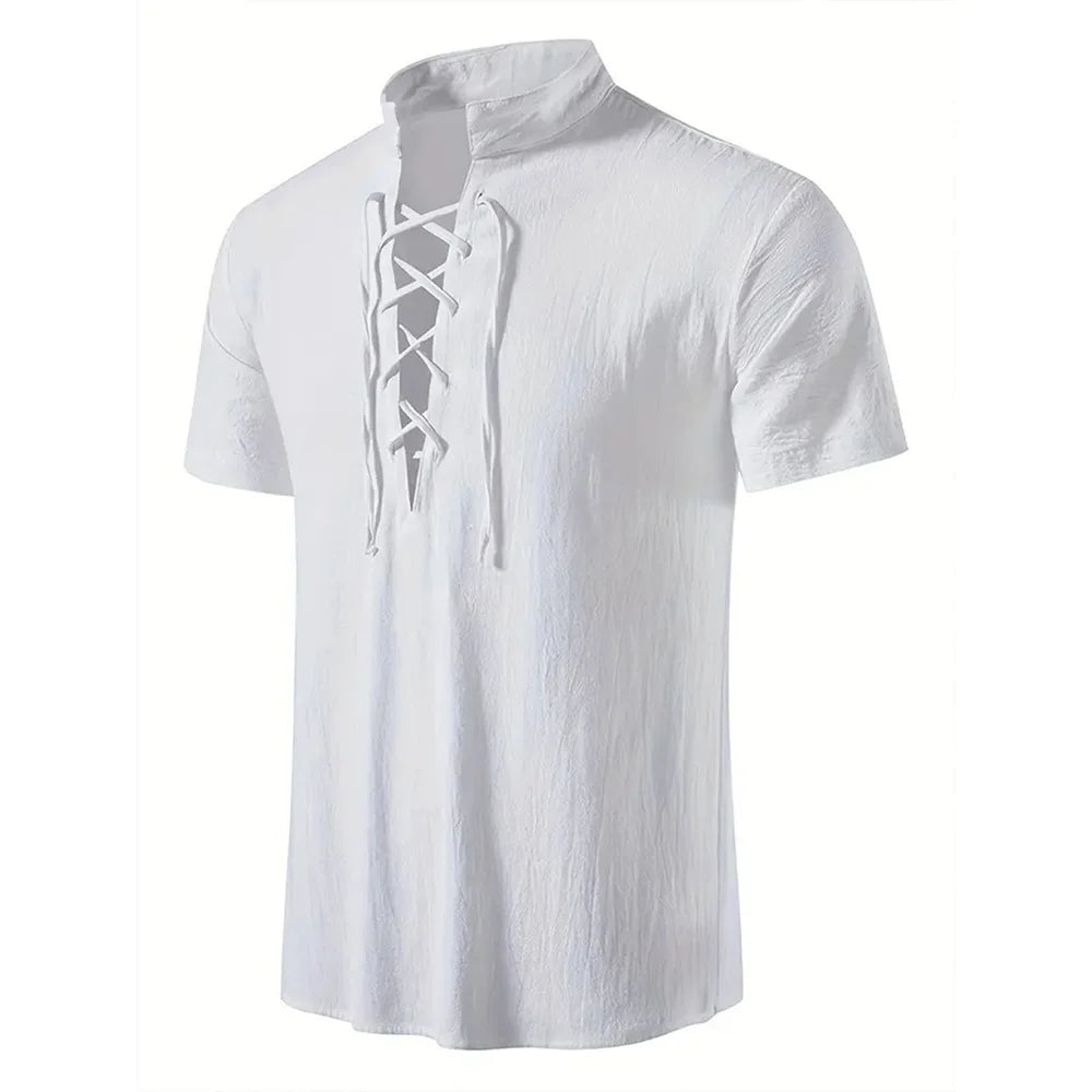 Men's Short Sleeve Cotton Linen Lightweight Breathable Solid Color Pirate V-neck