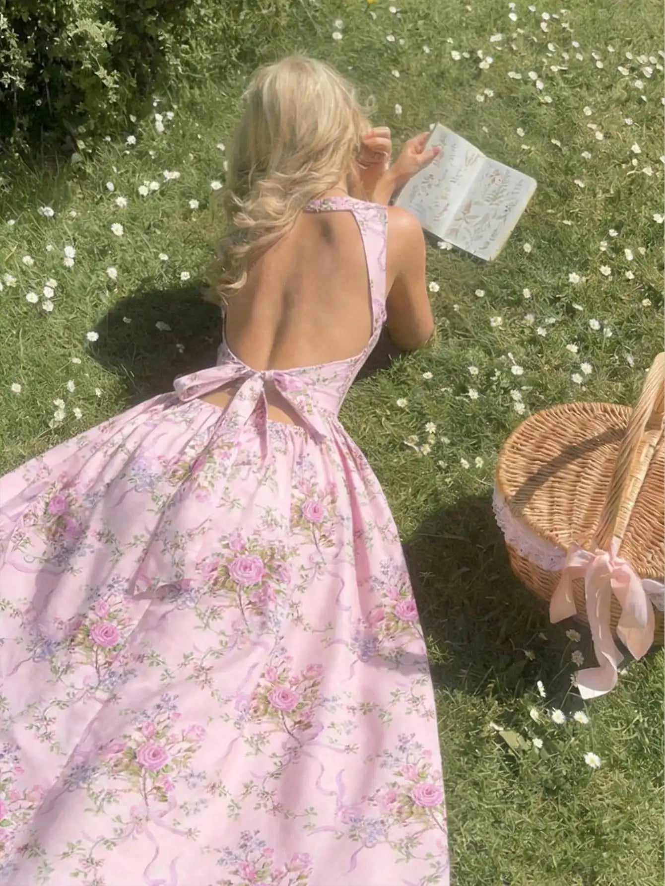 Pink Floral Halter Neck Midi Dress With Bow Tie Waist And Full Skirt