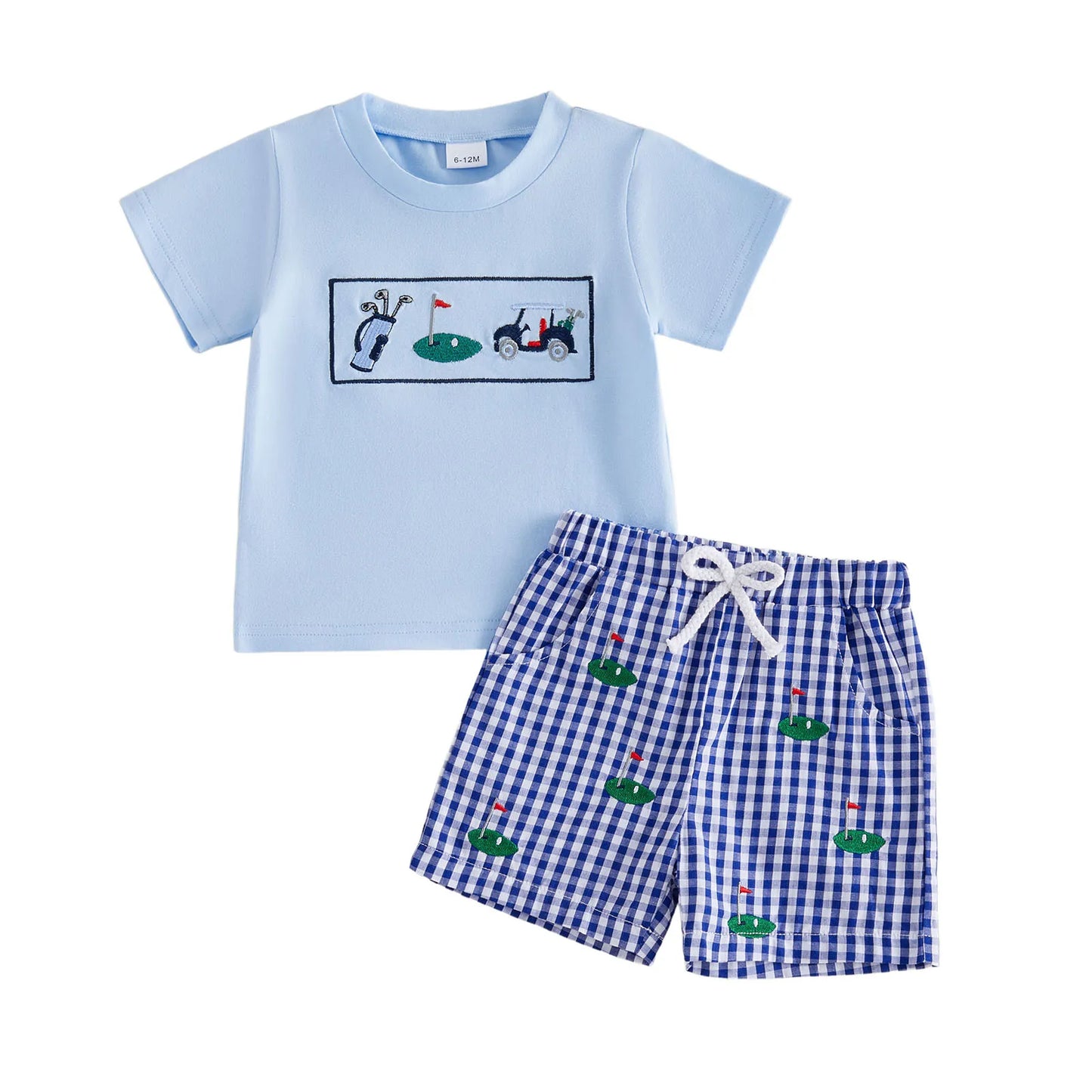 Boys Outfits with Cute Animal Embroidery Short Sleeve T-Shirts and Elastic Waist Plaid Shorts