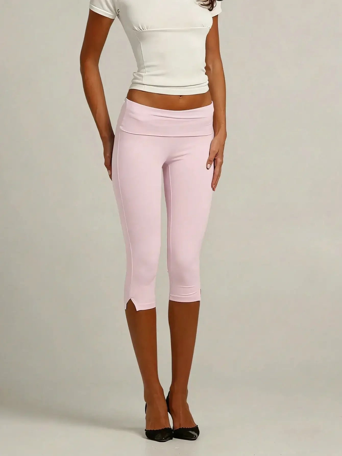Women's Low Waist Capri Leggings Fold Over Waistband Split Hem Solid Color Slim Fit Stretchy Cropped Leggings Buttery