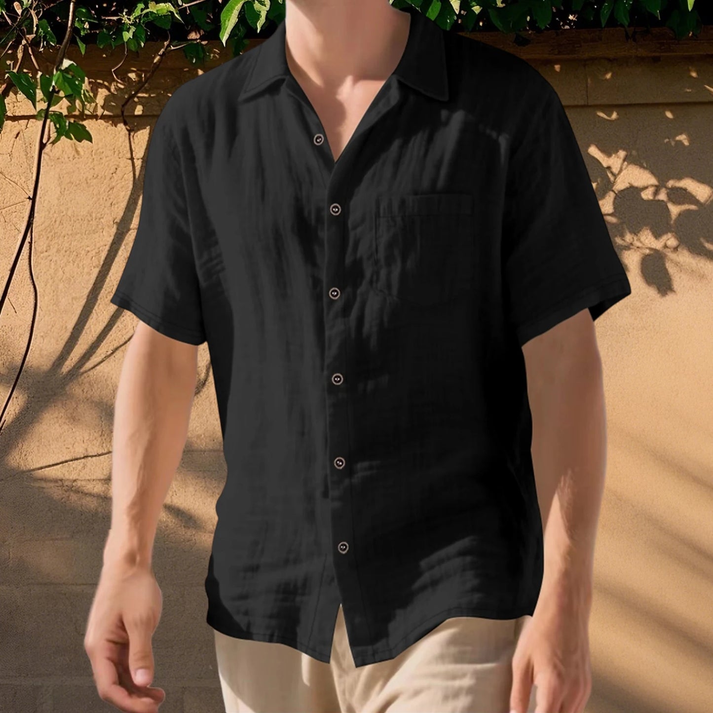 Men s Lightweight Linen Short Sleeve Button-Down, Solid Color Breathable Summer Shirts Loose Fit Lapel Collar