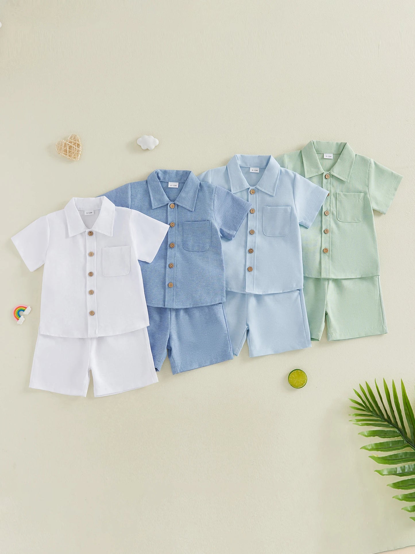Boys Outfit Set with Short Sleeve Button Up Shirt and Solid Color Shorts