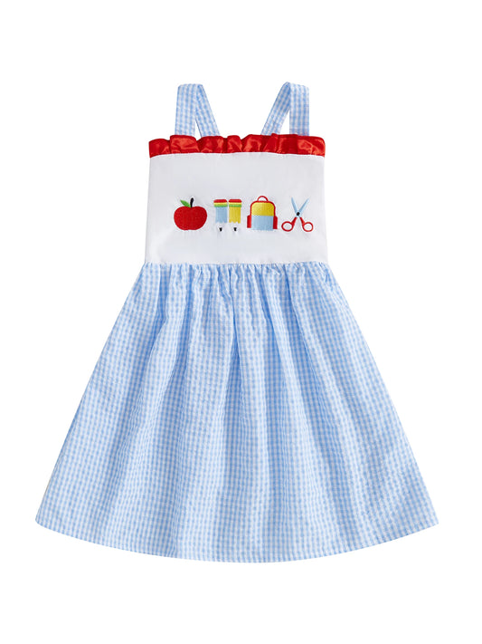 Sleeveless Summer Dress with Square Neckline and Cute Apple Pencil Embroidery