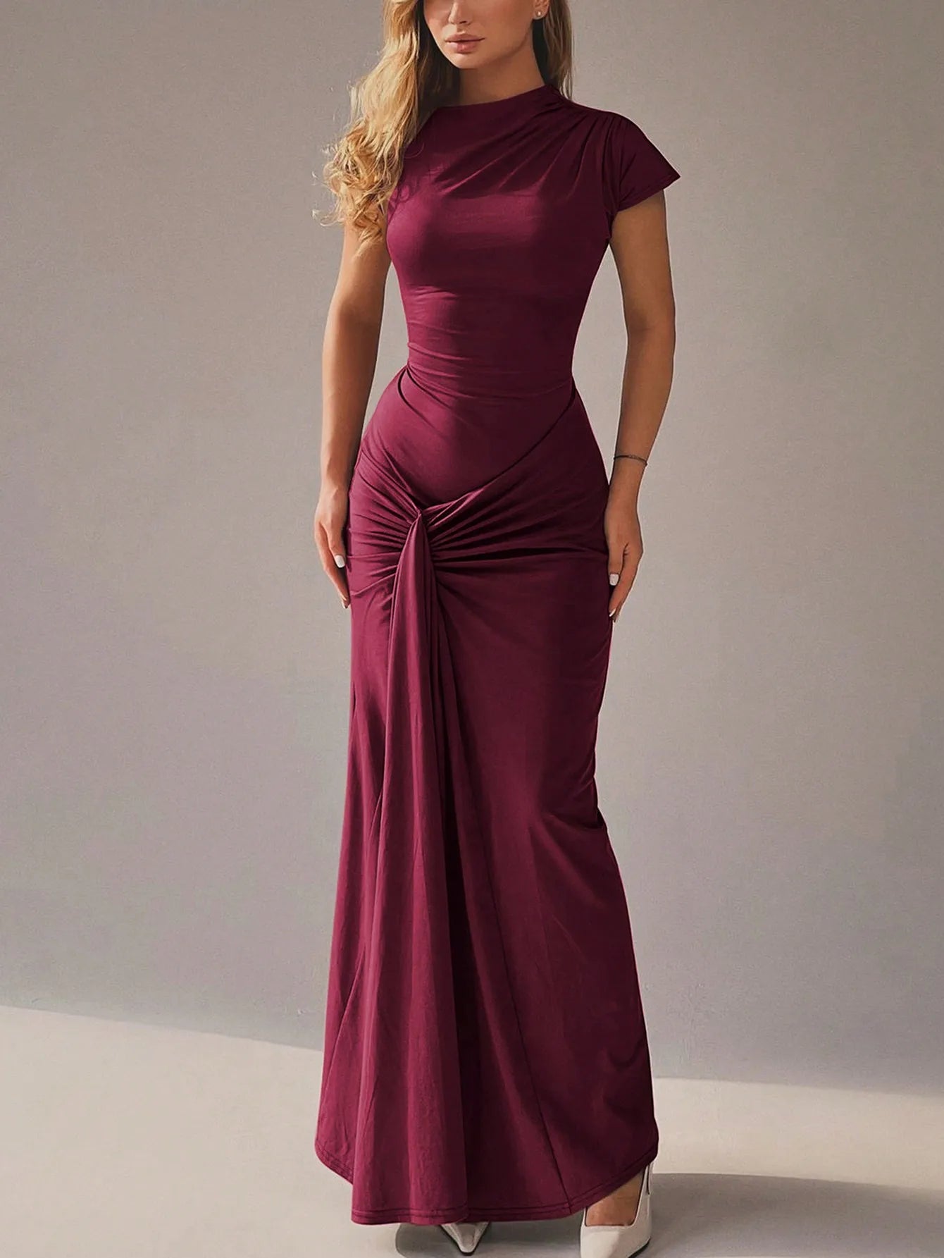 Burgundy Short Sleeve Floor-Length Dress With Draped Detail