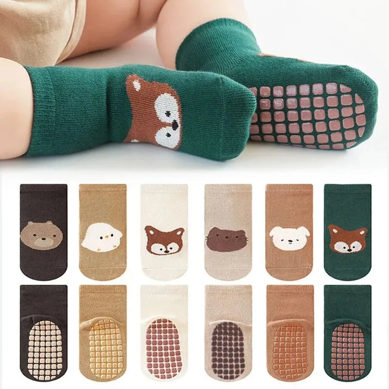 6 Pairs Kids Non-Slip Socks Fox and Bear Pattern
