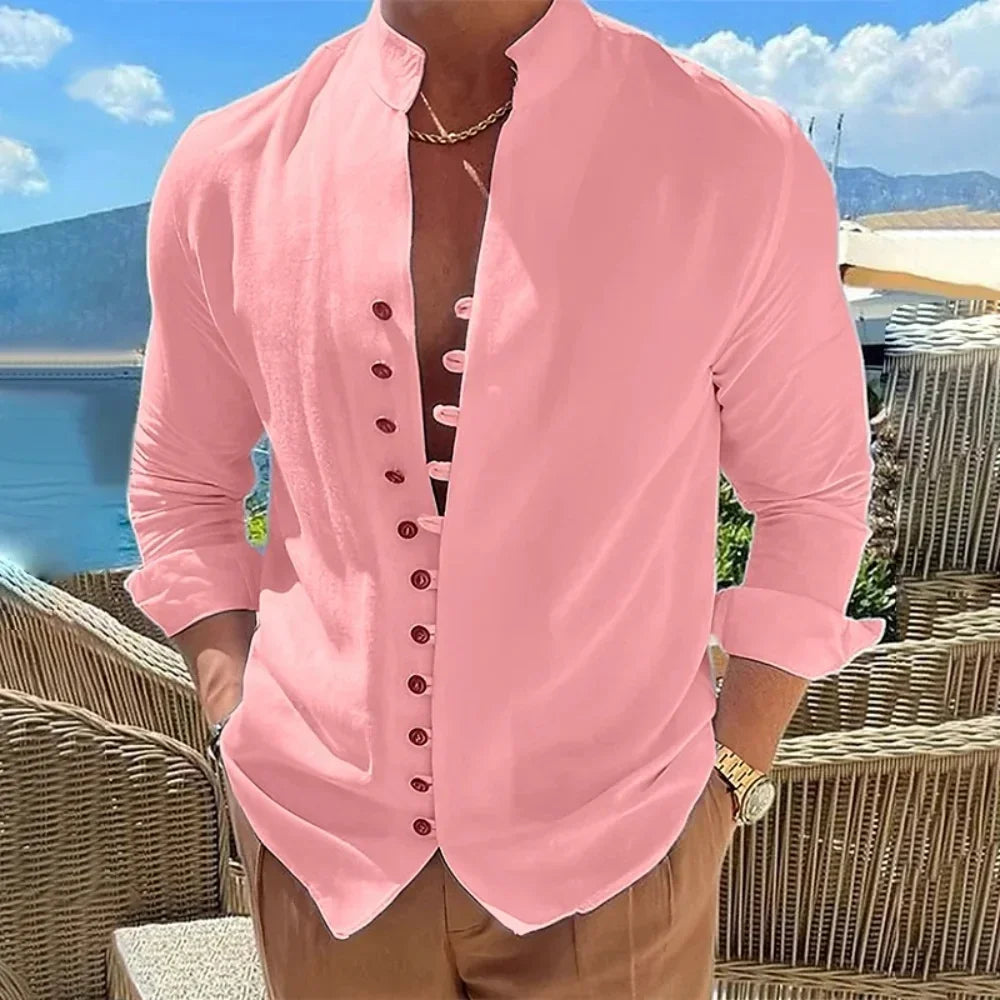 Men's Cotton Linen Shirt, Long-Sleeved, Solid Color Button Up