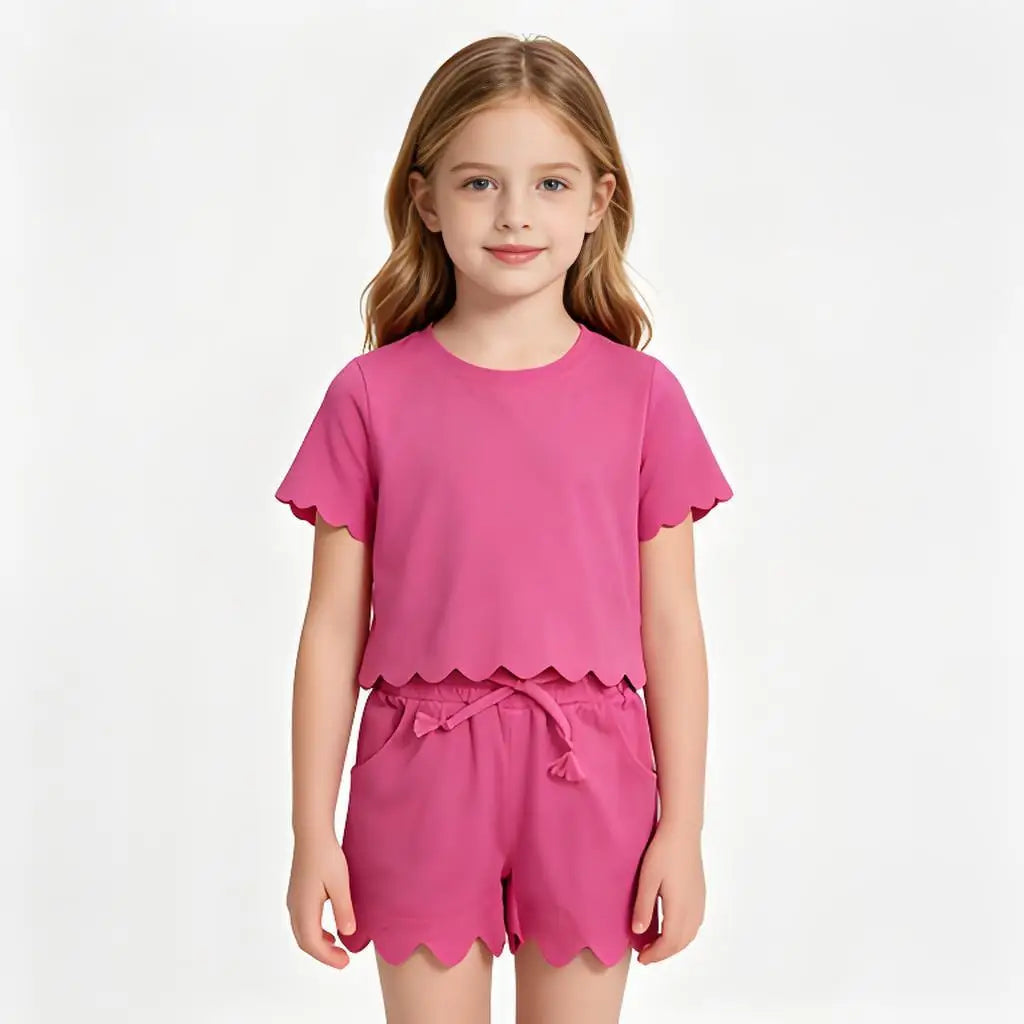 Cotton Clothes Sets with Short Sleeve Top Pockets And Scallop Shorts