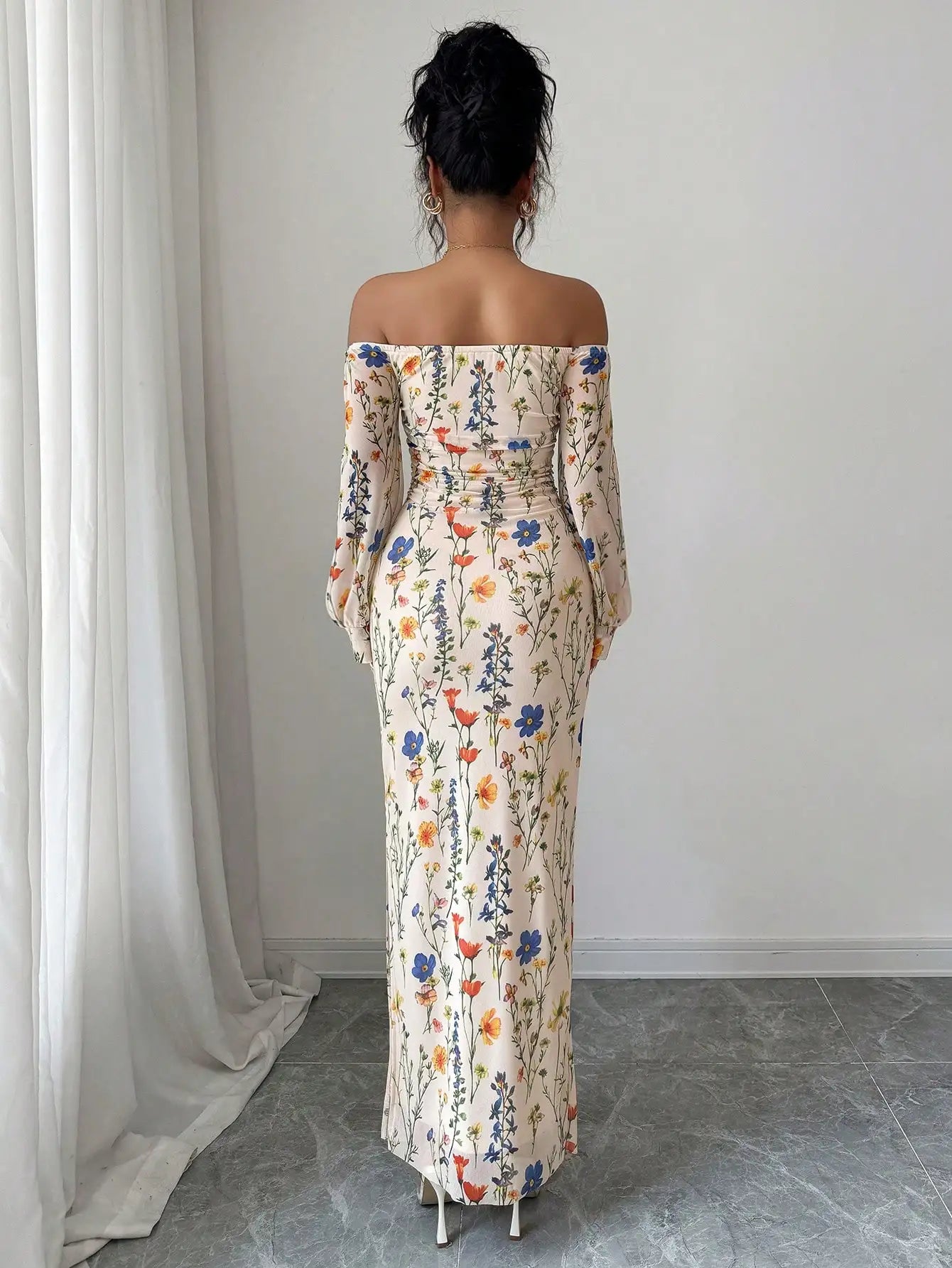 Off Shoulder Floral Print Long Sleeve Maxi Dress With Side Slit