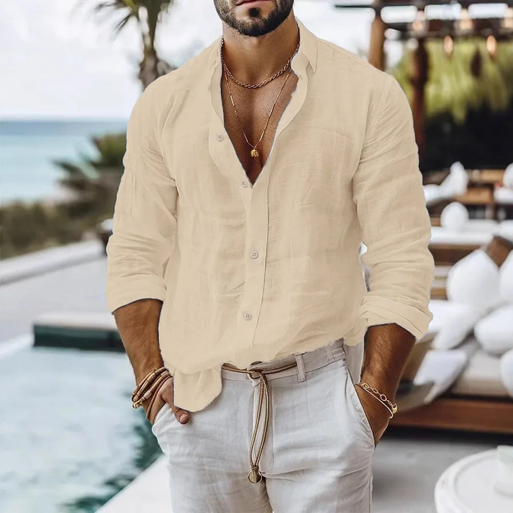 Cotton Linen Shirt, Beach Style Solid Color Single Breasted Breathable, Lightweight Button Tops