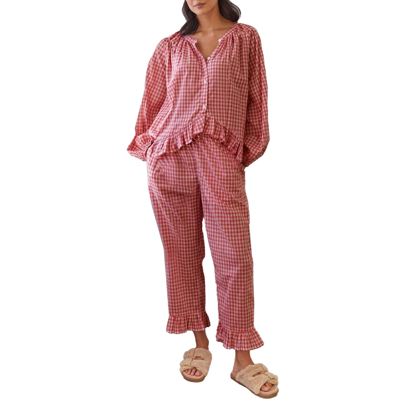 Women s Cozy Plaid Print Pajama Set with Long Lantern Sleeves and Elastic Waistband - Button Down Top and Lounge Pants