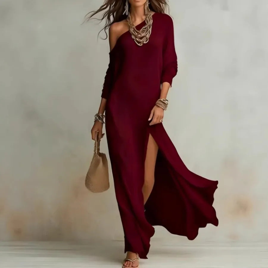 Elegant Long-sleeved Knitted Pleated Split Women's Dress