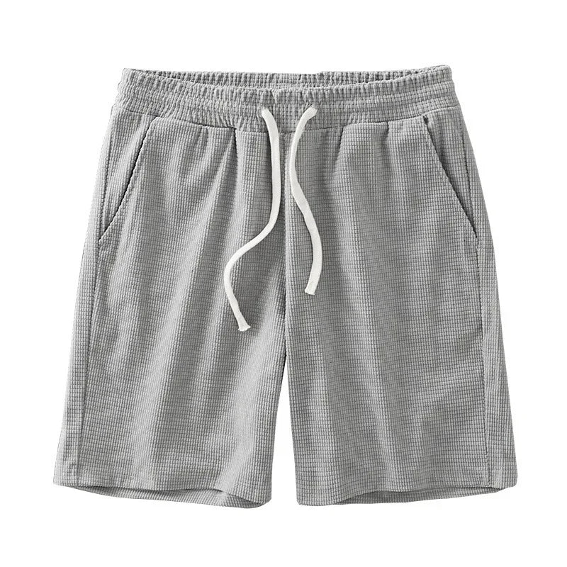 Men Shorts Solid Color Mid Waist, Waffle Texture Deep Crotch Drawstring, Loose Knee Length