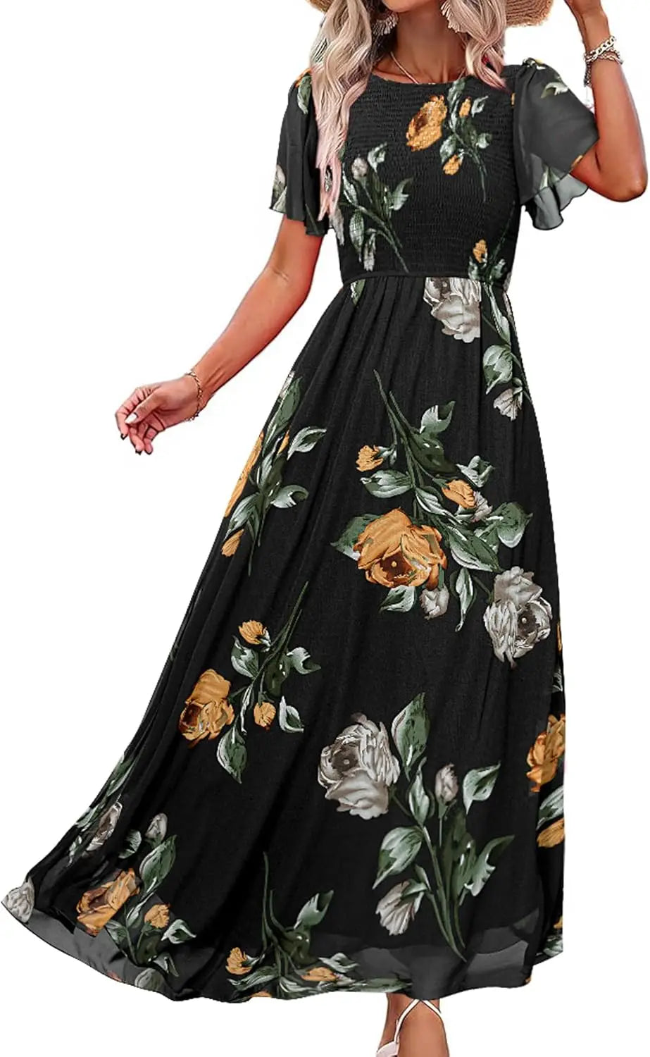 Womens Casual Floral Summer Maxi Dress 2026 Boho Flowy Short Sleeve Crew Neck Vacation Smocked Chiffon Dresses