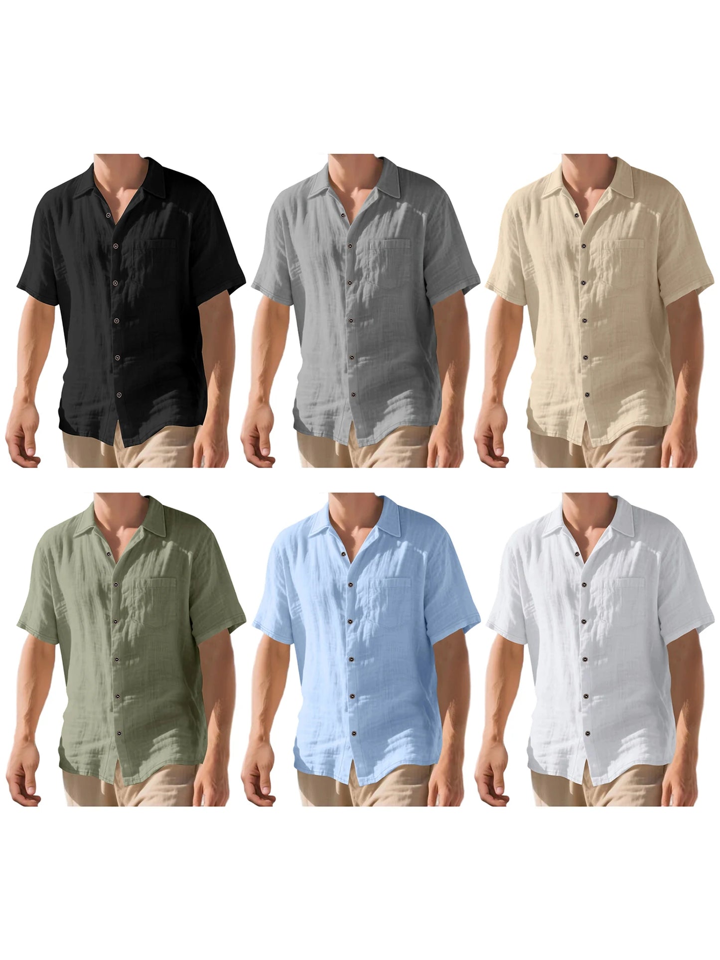 Men s Lightweight Linen Short Sleeve Button-Down, Solid Color Breathable Summer Shirts Loose Fit Lapel Collar