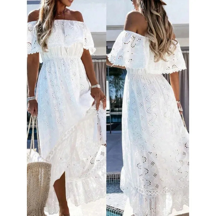 White Eyelet Embroidery Off Shoulder Waist Flowy Maxi Dress