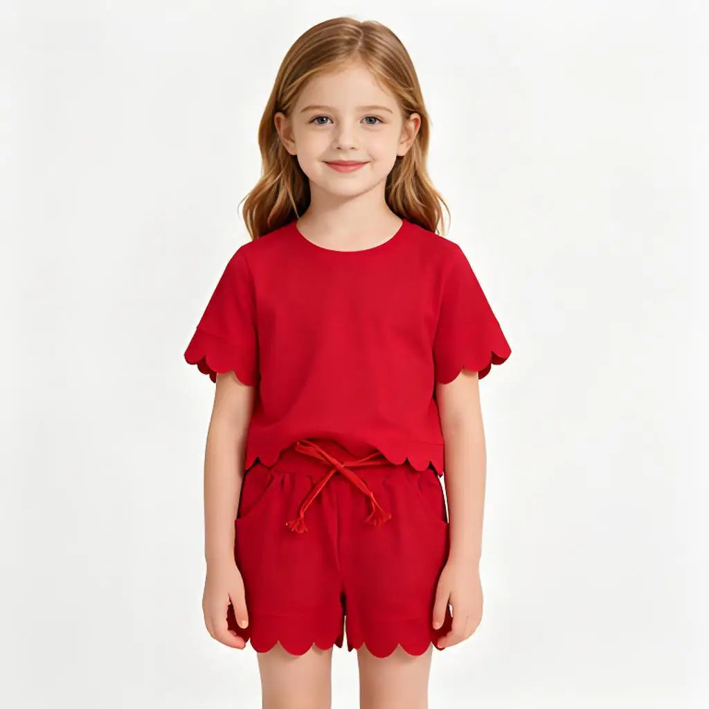 Cotton Clothes Sets with Short Sleeve Top Pockets And Scallop Shorts