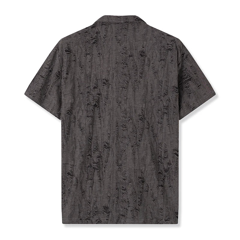 Men s Casual Short Sleeve T-Shirts with Vintage Distressed Texture and Stylish Button Lapel V Neck Design