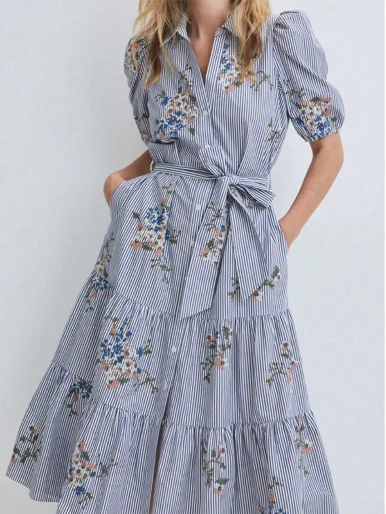 Striped Floral Embroidered Midi Dress With Collar Puff Sleeves Tie-Up Waist