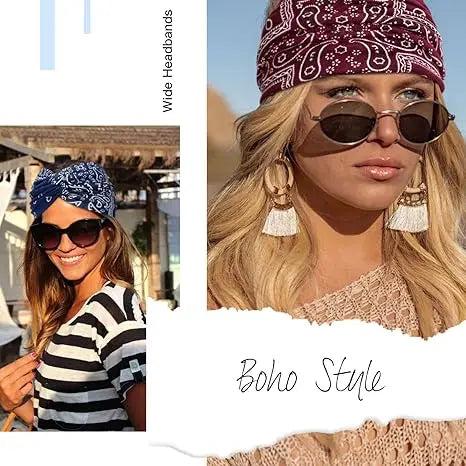 3 Pack Wide Headbands Paisley Twist Hair Bands Stretchy Cross Head Turban Bandana Non Slip Hair Wraps