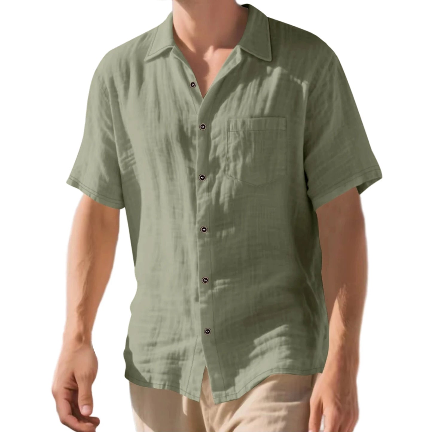 Men s Lightweight Linen Short Sleeve Button-Down, Solid Color Breathable Summer Shirts Loose Fit Lapel Collar