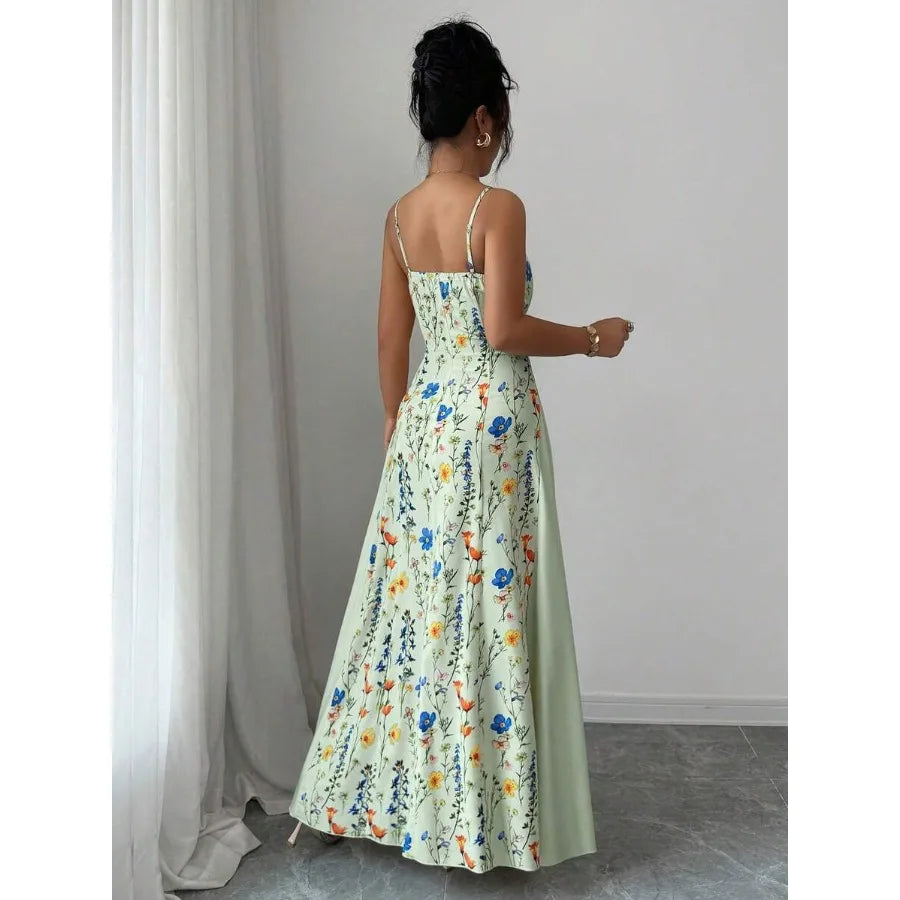 Elegant Floral Print And Solid Color Contrast Long Slinky Spaghetti Strap Sundress