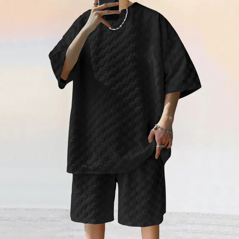 Summer Jacquard Plaid Short-Sleeve T-Shirt And Loose Straight-Leg Casual Shorts Set