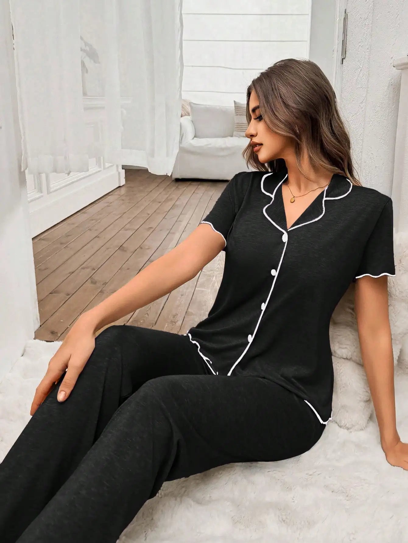 Women's Soft Lightweight Pajama Set with Ruffle Trim, Short Sleeve Top & Pants, Khaki Color