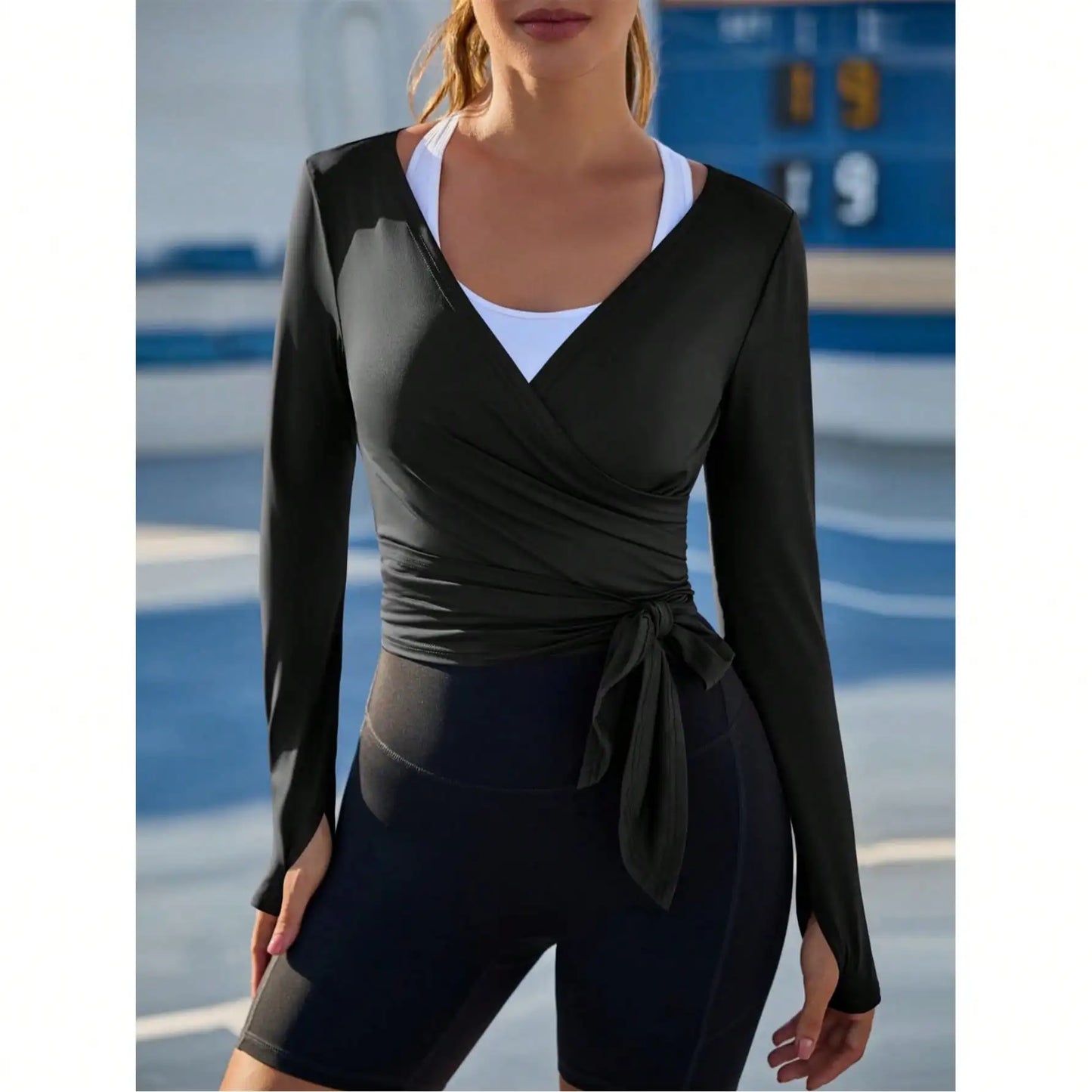 Women's Lightweight Balletcore Wrap Shrug  Tie Front Long Sleeve Crop Top Breathable Knit Shirt For Casual Layered Outfit