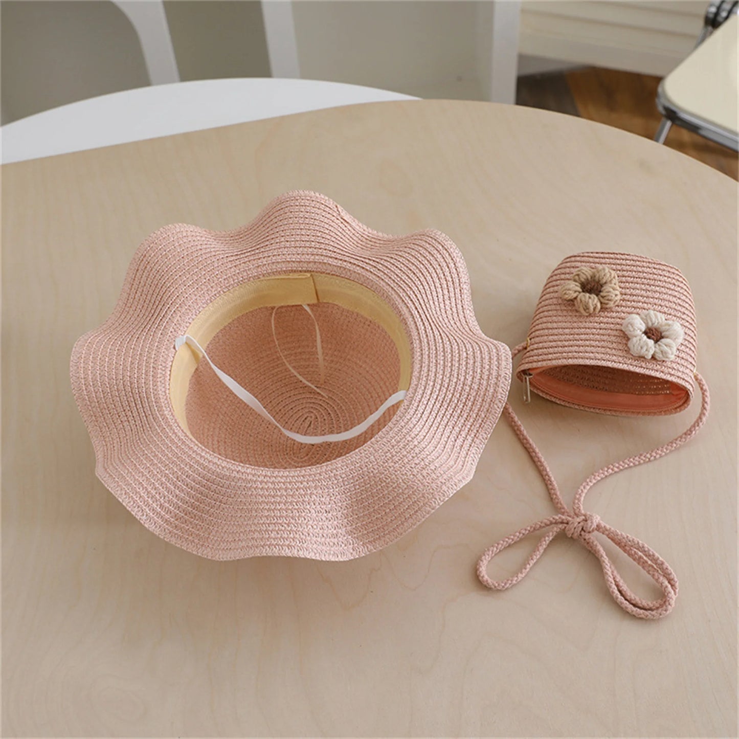 Girls Summer Sun Hat and Tote Bag Set with 3D Floral Embellishments Lace Detail Wide Brim and Adjustable Crossbody Strap