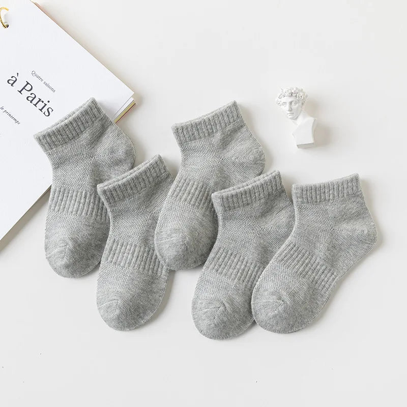 5 Pairs Children  Cotton Socks  Black, White, Gray For 1-12 Years
