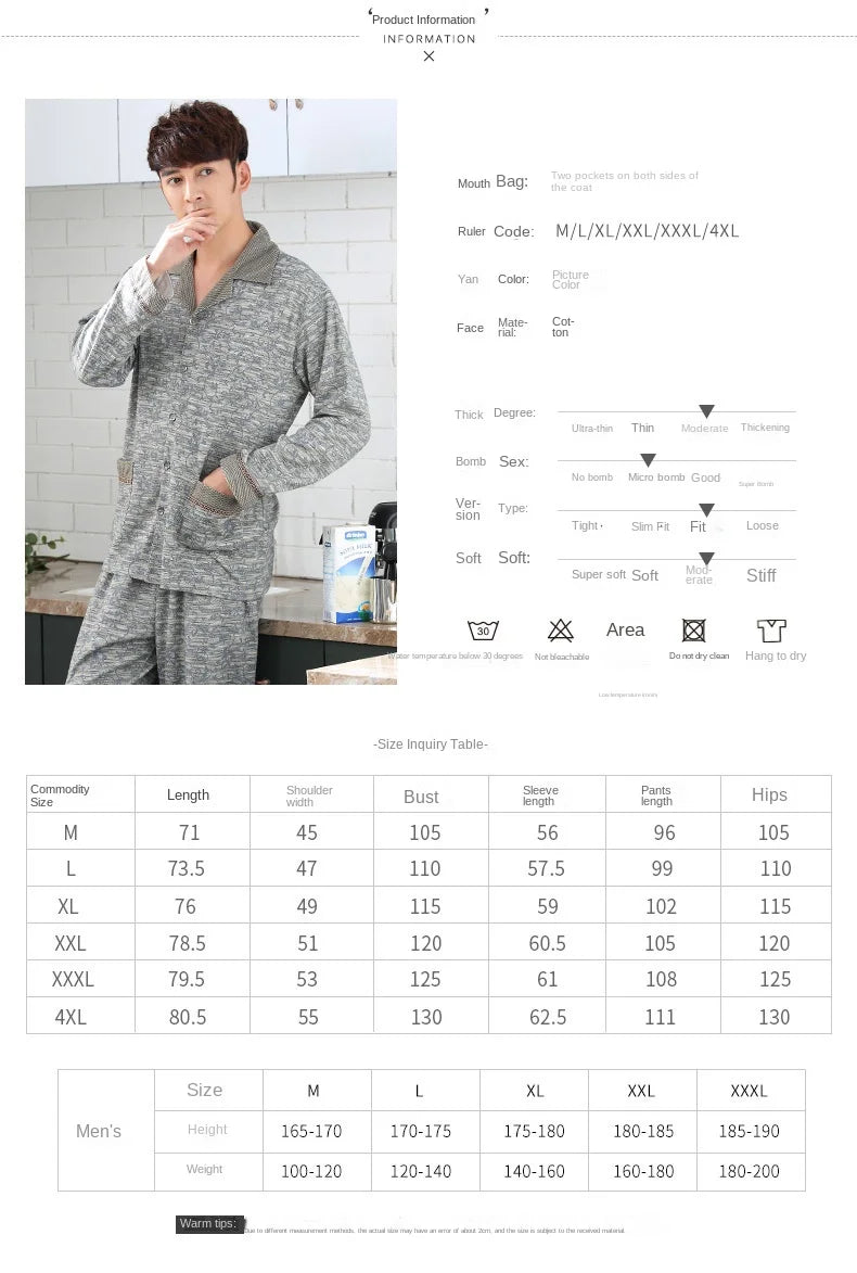 Men's Spring and Fall Winter 100% Cotton Long-Sleeved Leisure Loungewear