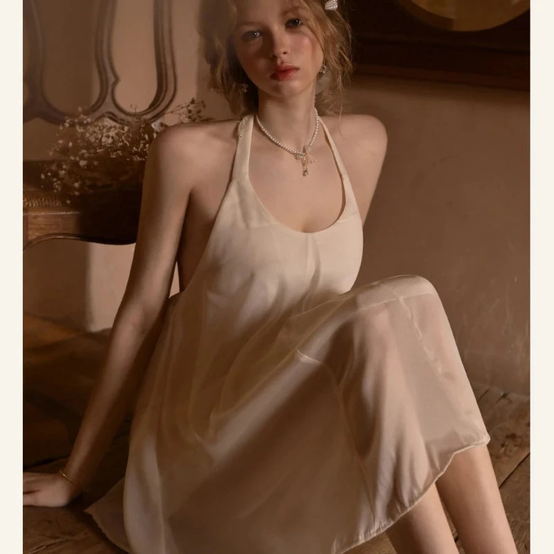 French Nightdress Swinging Collar Halter Neck Backless Summer Ice Silk Pajamas