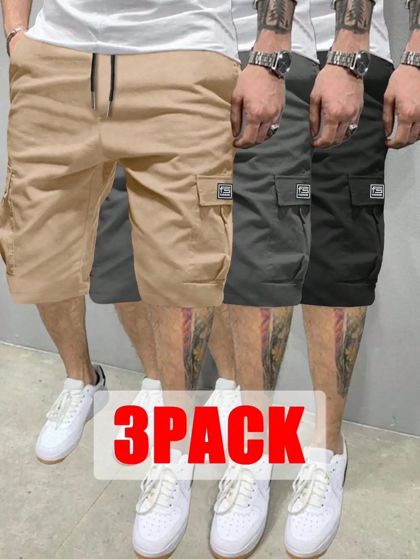 3-Pack Men's Cargo Shorts Multi-Pocket Drawstring