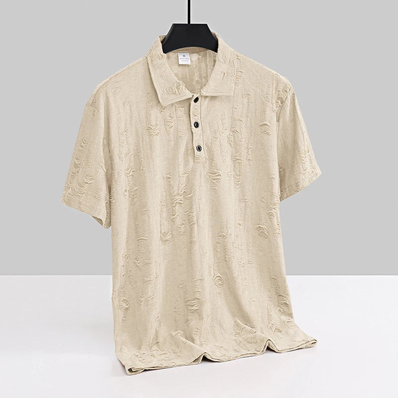 Men s Casual Short Sleeve T-Shirts with Vintage Distressed Texture and Stylish Button Lapel V Neck Design