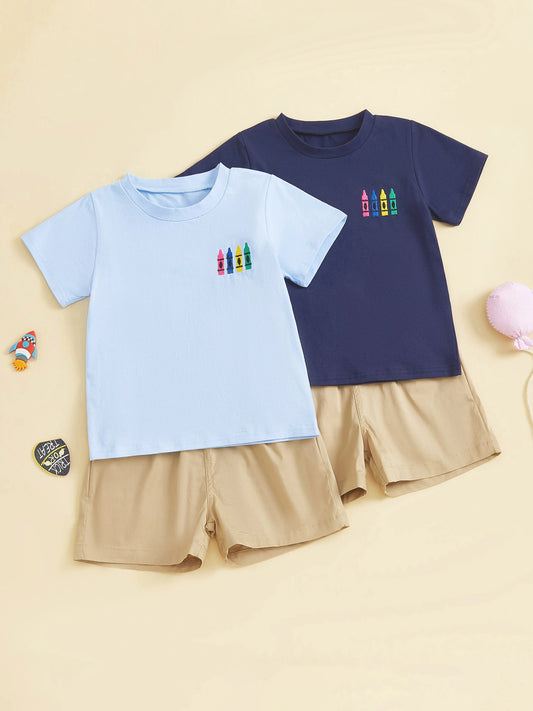 Boys Summer Outfits Colorful Crayon Print Short Sleeve T-Shirts with Matching Elastic Waist Shorts 2-Piece Clothing
