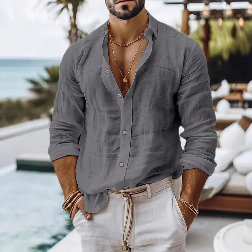 Cotton Linen Shirt, Beach Style Solid Color Single Breasted Breathable, Lightweight Button Tops